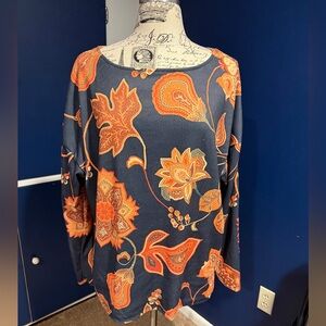Floral Long Sleeve Top - Orange and Navy